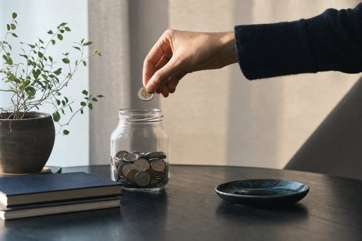 ガラス瓶に硬貨を一枚そっと入れる手と、朝の柔らかな光