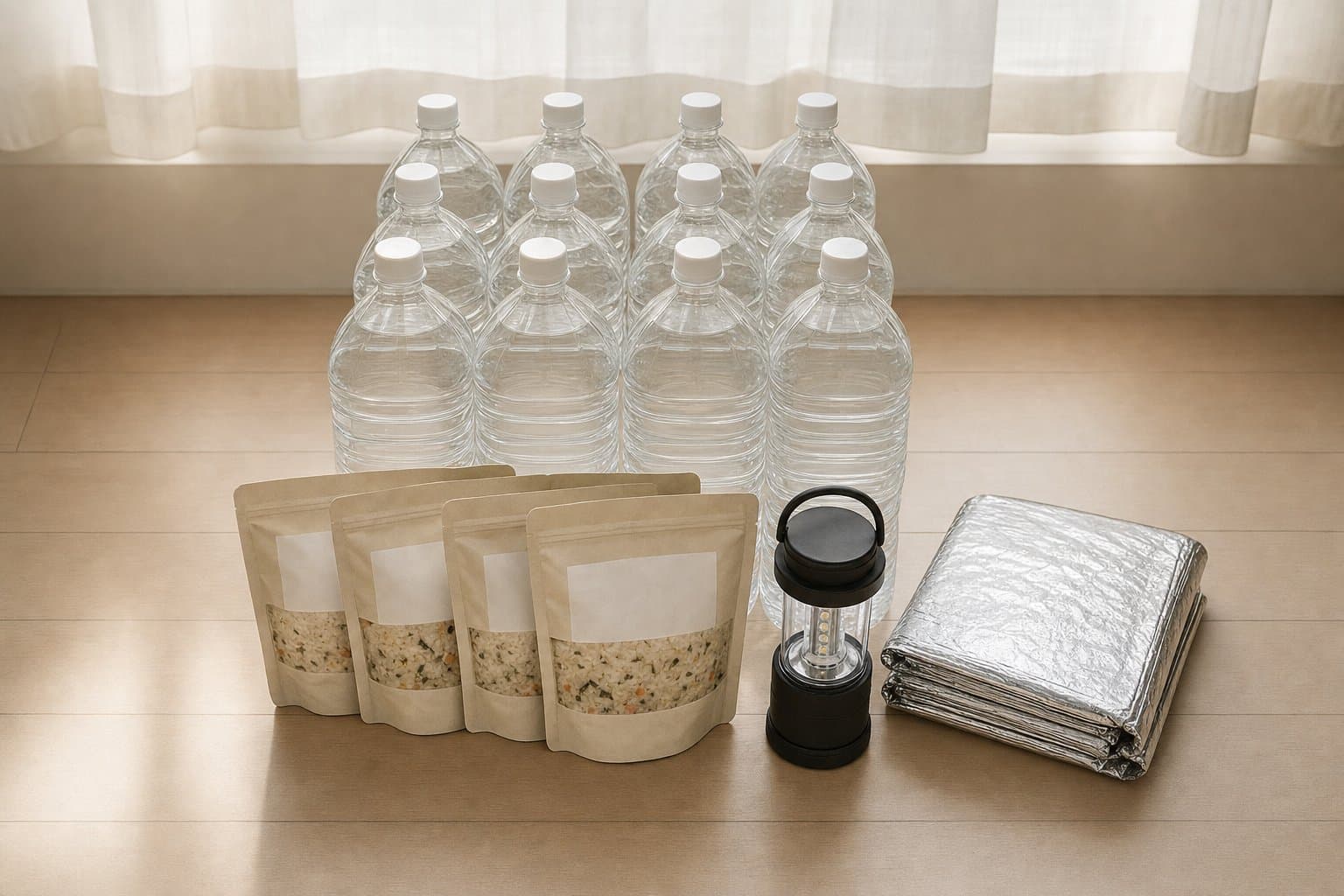 木の棚に並ぶ備蓄水と保存食