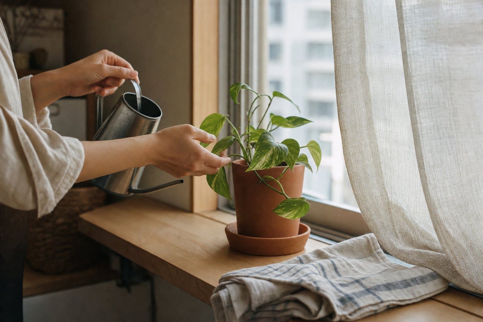 窓辺の小さな観葉植物と陶器の鉢
