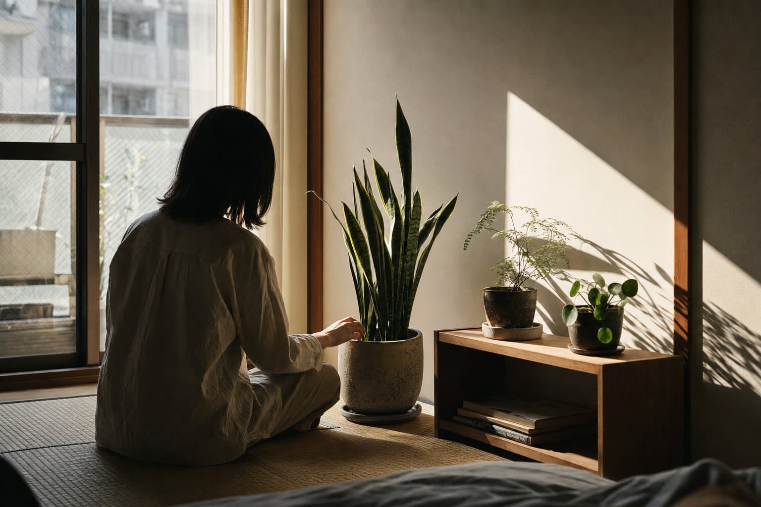 窓辺の小さな観葉植物と陶器の鉢
