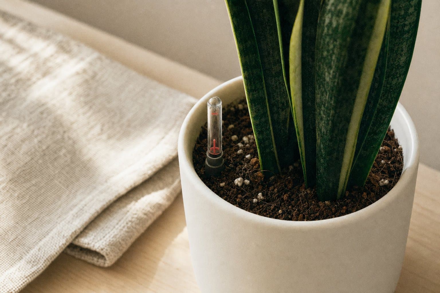 窓辺の小さな観葉植物と陶器の鉢