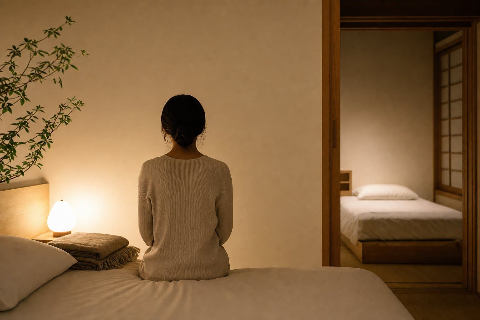 静かな寝室と整えられた寝具