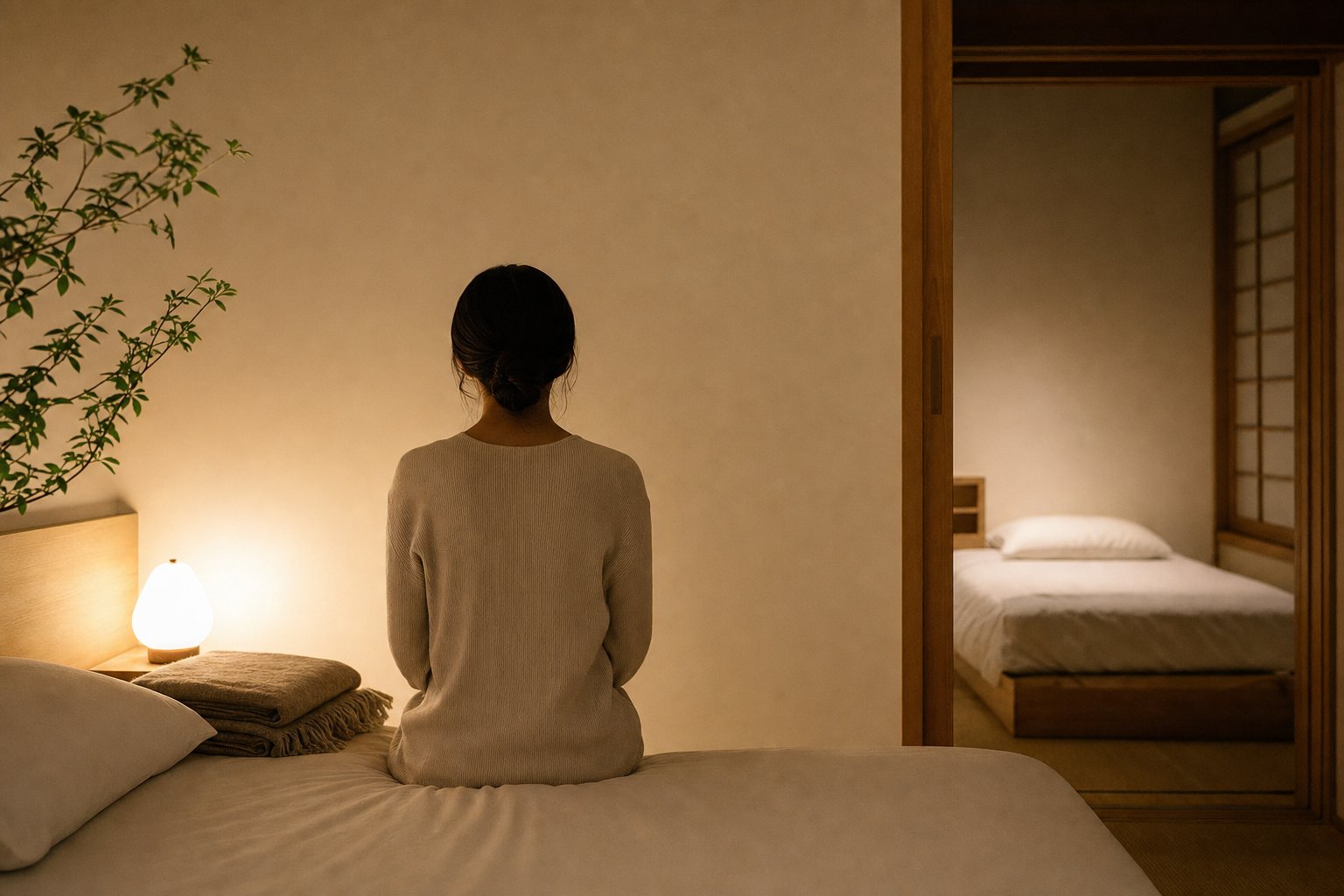 静かな寝室と整えられた寝具