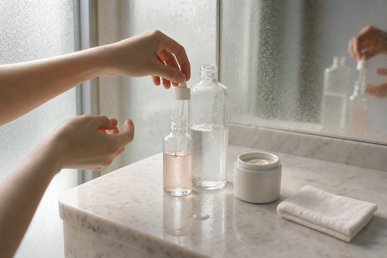Skincare bottles lined up on a bathroom counter