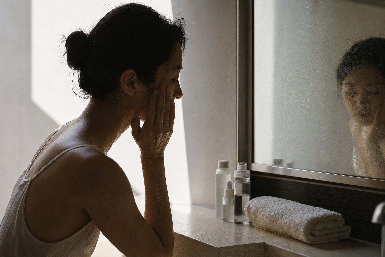 Skincare bottles lined up on a bathroom counter