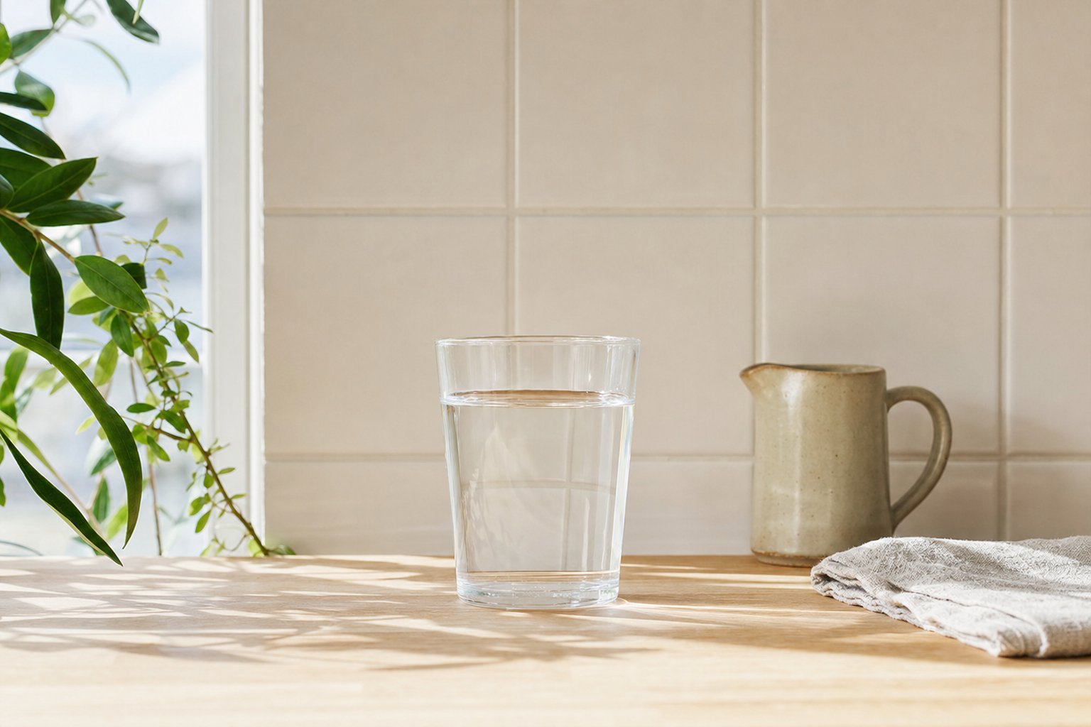 Glass of water on a quiet kitchen counter