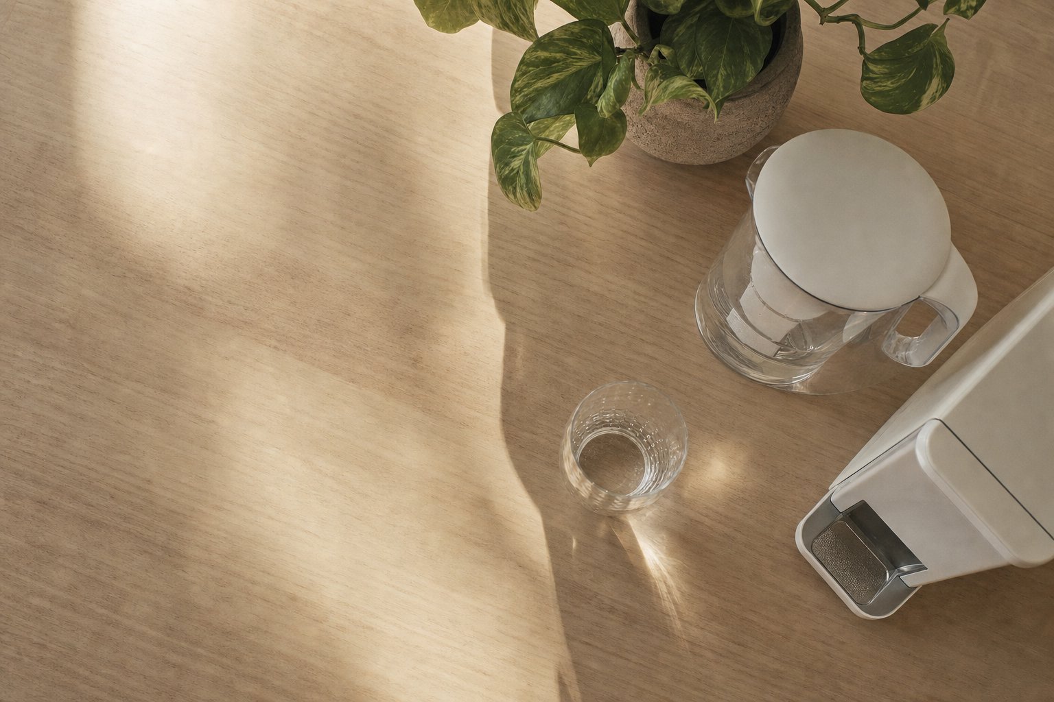 Glass of water on a quiet kitchen counter