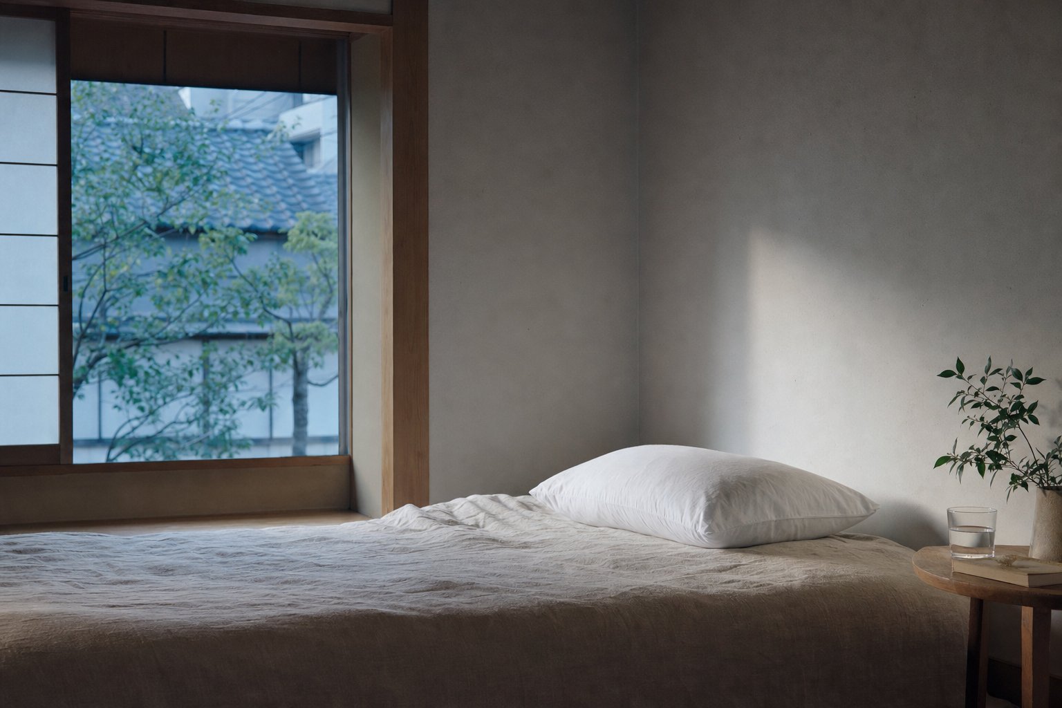A pillow on a bed in soft morning light
