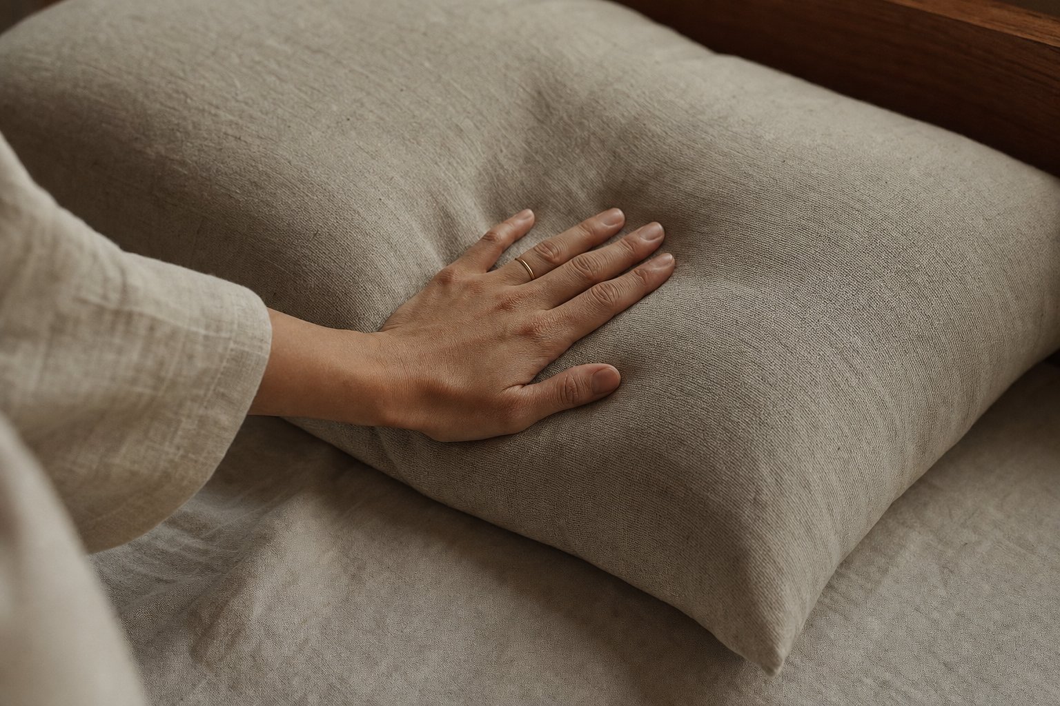 A pillow on a bed in soft morning light