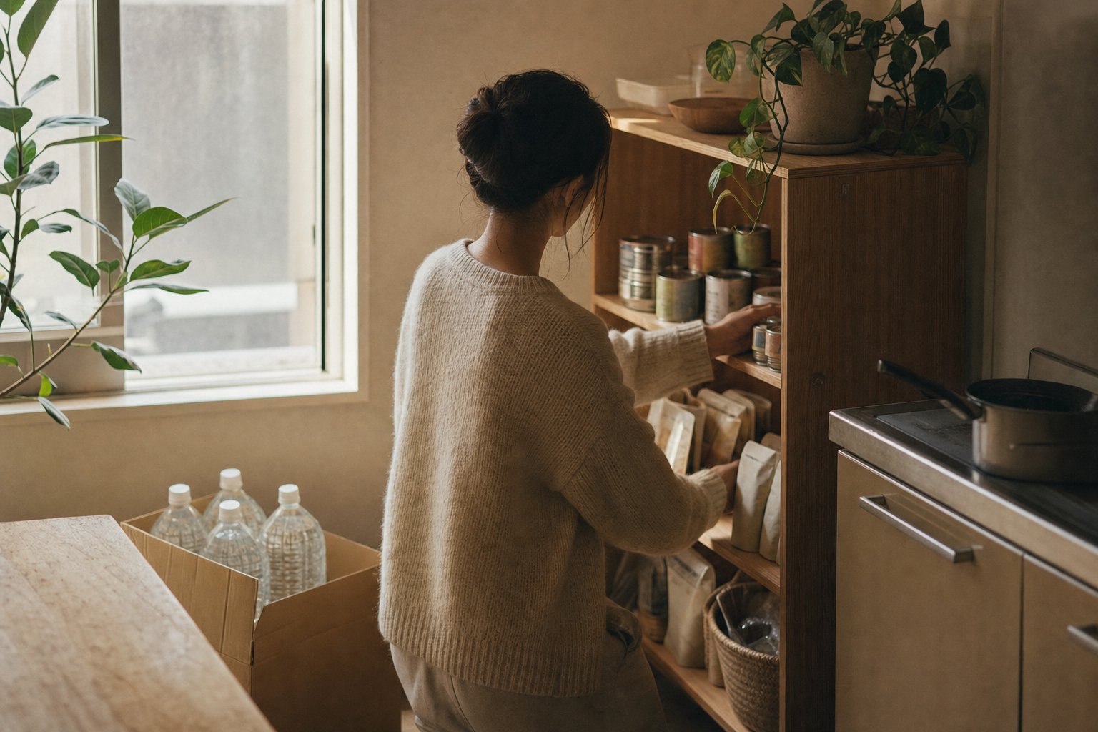 木の棚に並ぶ備蓄水と保存食