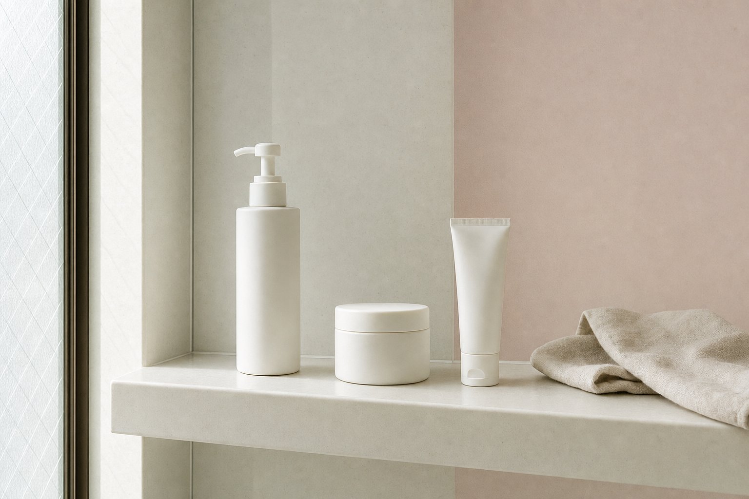 Minimal skincare items on a bathroom shelf